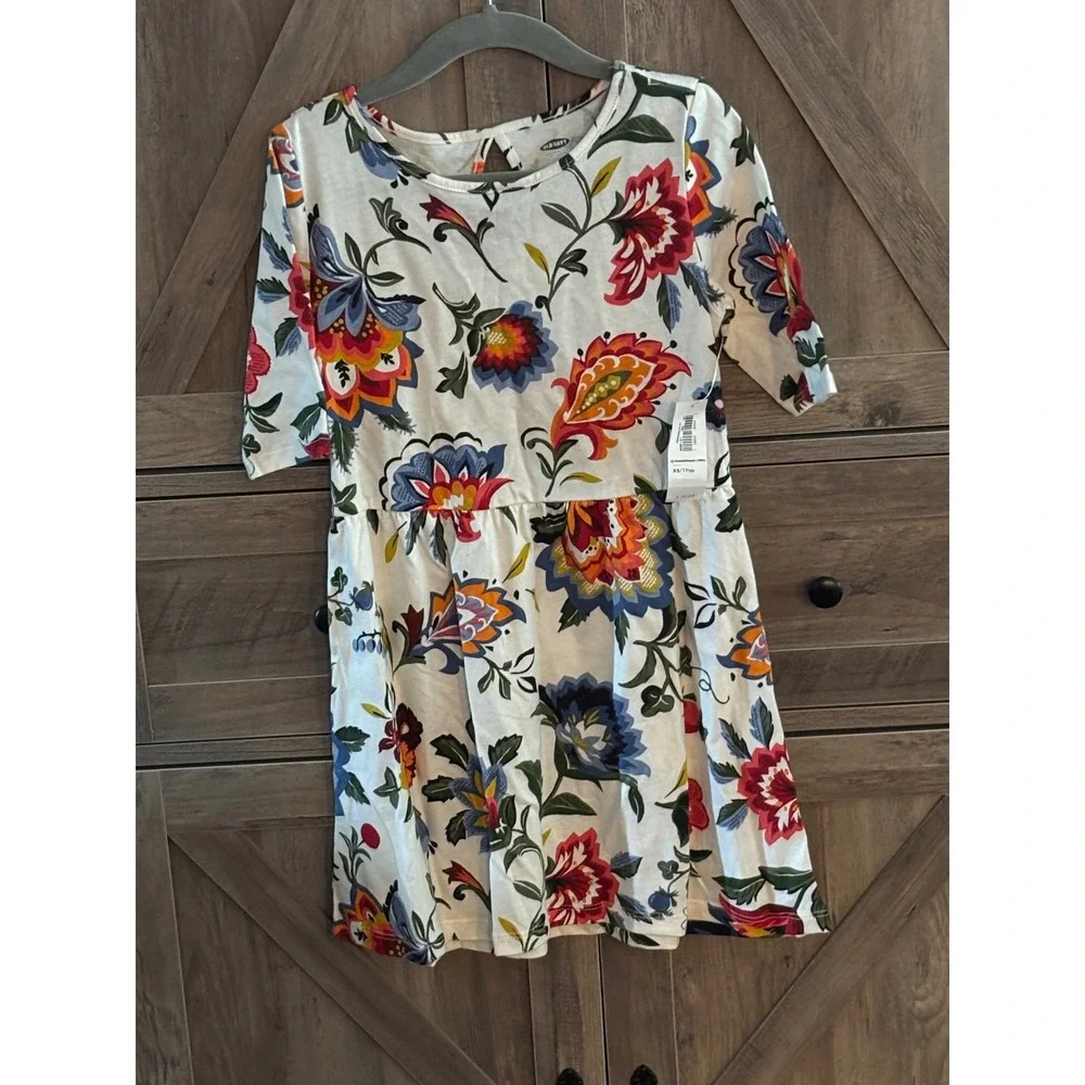 Old Navy Girls Floral Paisley Knit Dress White Red Blue XS 5 NWT